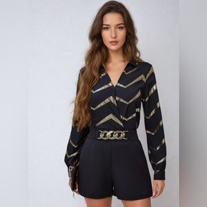 Chevron Print Lantern Sleeve Shirt Black